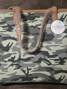 Viv & Lou Green Camo Tote with Tan Trim